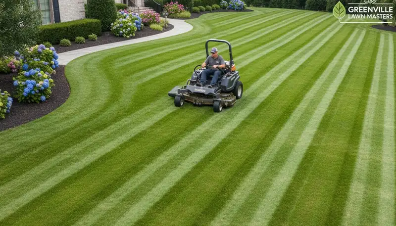Professional lawn striping and edging in Greenville, NC showcasing expert lawn mowing craftsmanship