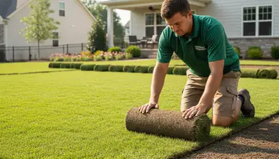 Professional landscaper installing sod rolls in Greenville, NC for seamless lawn installation