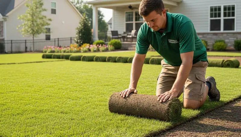 Professional landscaper installing sod rolls in Greenville, NC for seamless lawn installation