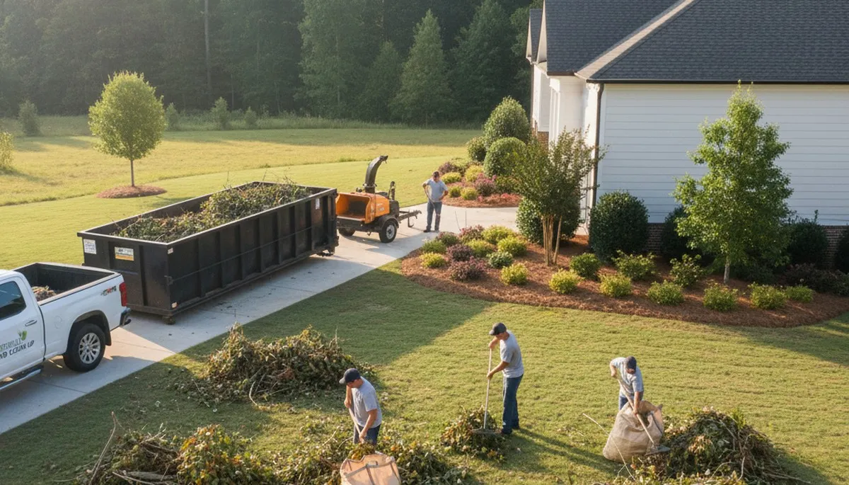 Professional yard cleanup crew removing branches and debris in Greenville, NC residential property