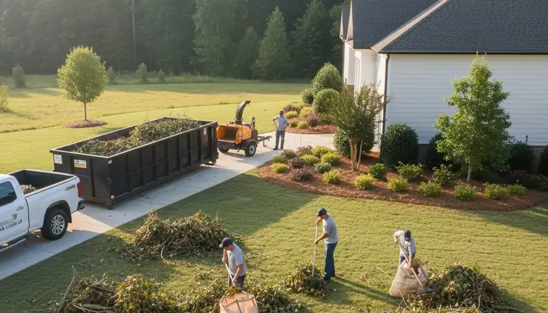 Professional yard cleanup crew removing branches and debris in Greenville, NC residential property