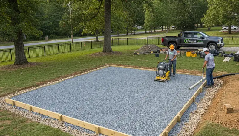 Professional shed foundation and base preparation by landscapers in Greenville, NC