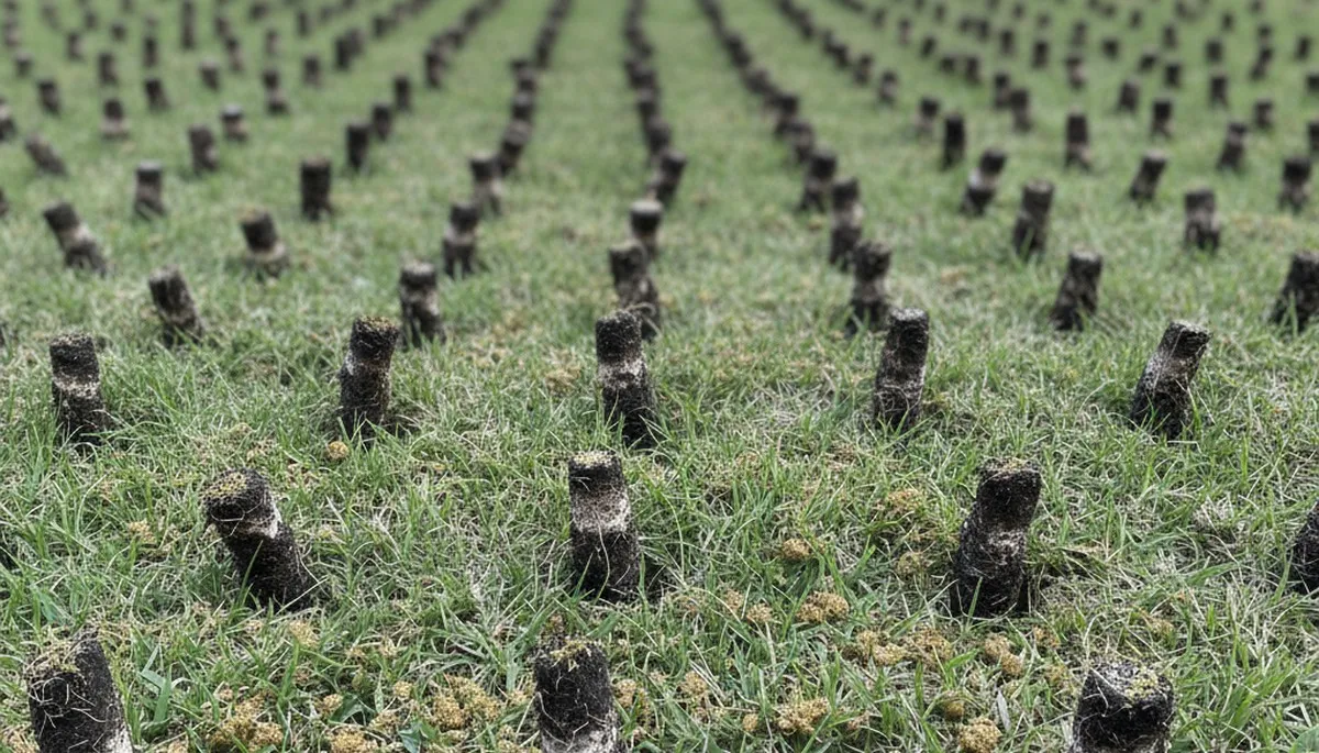 Close-up of soil core plugs after lawn aeration on Greenville, NC turf by Chop Chop Landscaping