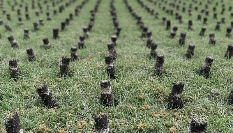 Close-up of soil core plugs after lawn aeration on Greenville, NC turf by Chop Chop Landscaping