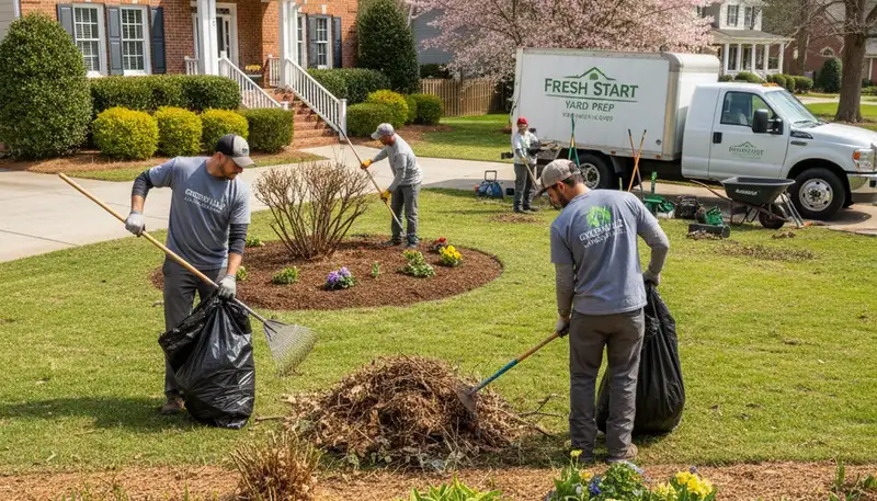 Landscapers clearing storm debris and pruning gardens during spring yard cleanup in Greenville, NC