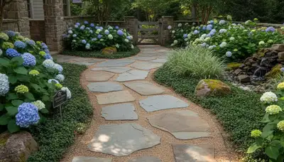 Curved stone paver pathway with natural stepping stones by Chop Chop Landscaping in Greenville, NC