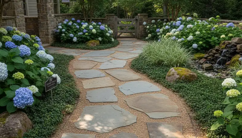 Curved stone paver pathway with natural stepping stones by Chop Chop Landscaping in Greenville, NC