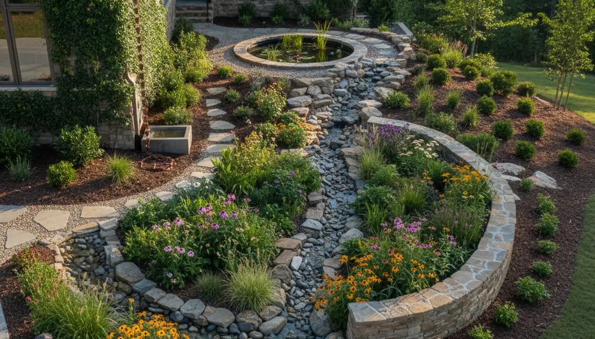 Rain garden with native plants showcasing eco landscaping and water conservation in Greenville, NC