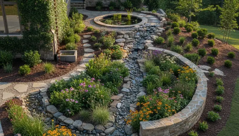 Rain garden with native plants showcasing eco landscaping and water conservation in Greenville, NC