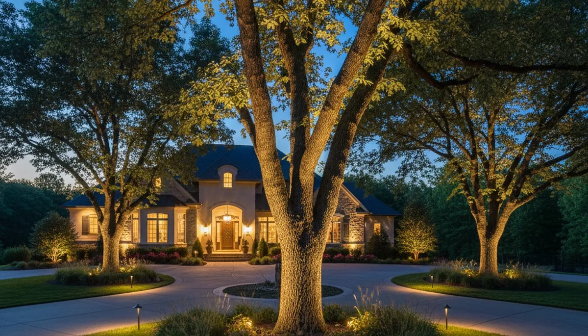 Tree uplighting design highlighting mature trees at night by Chop Chop Landscaping in Greenville, NC