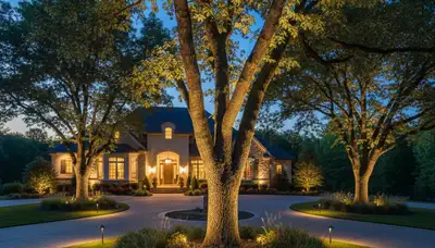 Tree uplighting design highlighting mature trees at night by Chop Chop Landscaping in Greenville, NC