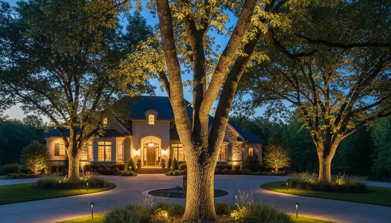 Tree uplighting design highlighting mature trees at night by Chop Chop Landscaping in Greenville, NC