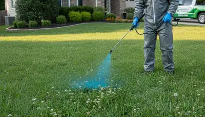Lawn care technician applying targeted weed control treatment in Greenville, NC lawn
