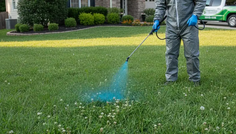 Lawn care technician applying targeted weed control treatment in Greenville, NC lawn