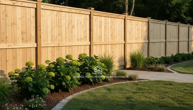 White wooden privacy fence installation by Chop Chop Landscaping in Greenville, NC residential yard